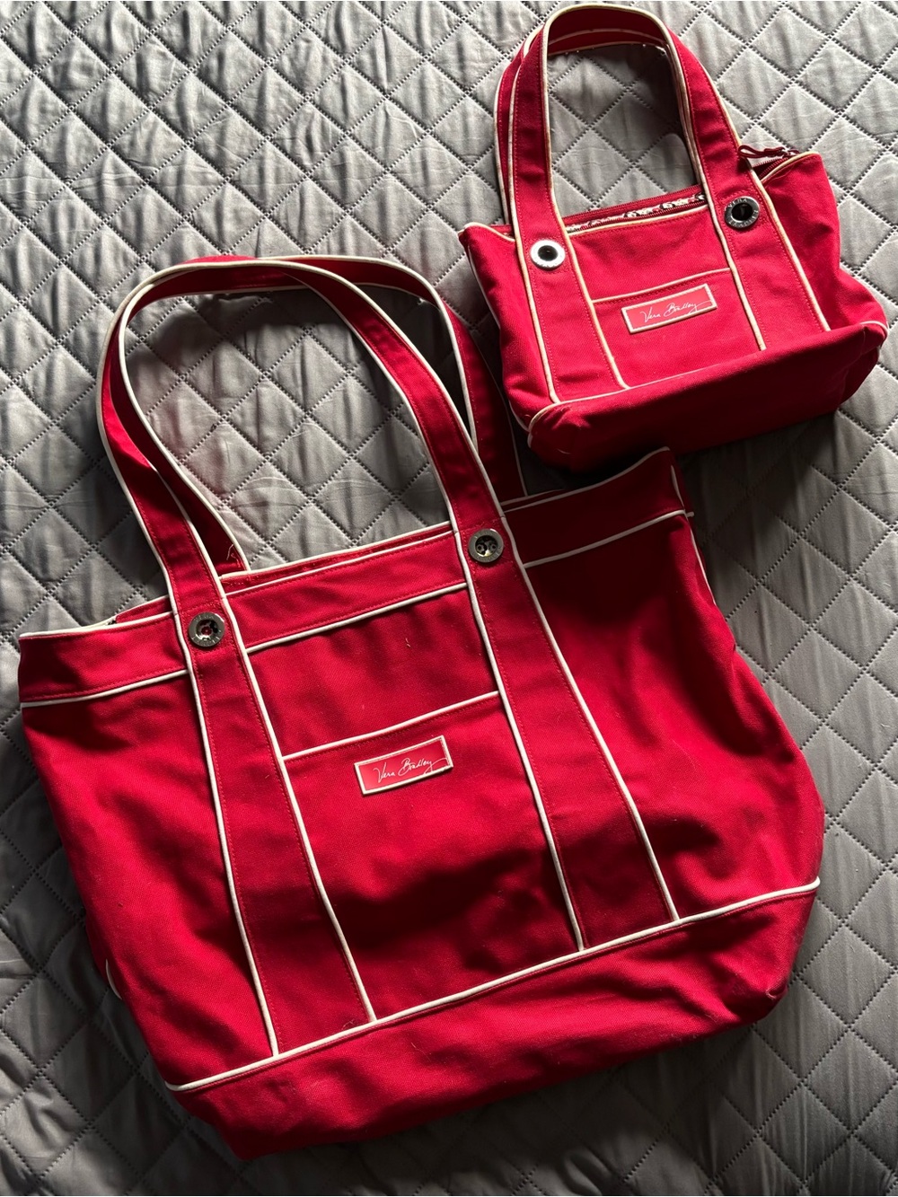 Vera Bradley Red Canvas Tote and Mini Satchel with White Piping